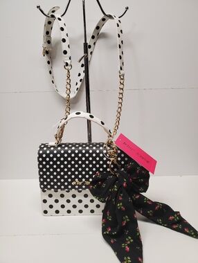 Betsey Johnson Polka Dot Crossbody Handbag with Floral Bow - Black & White